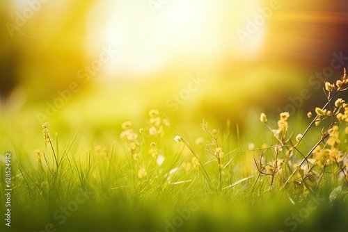 Green landscape with meadow at sunrise. Meadow in garden at park