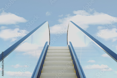 Modern escalator made of glass and steel. Blue sky with clouds in the background