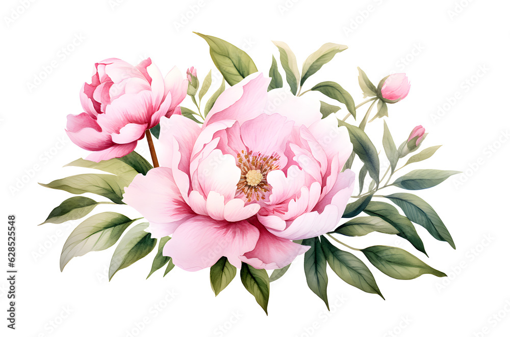 Elegant watercolor peonies flowers isolated on white background. Floral illustration created with Generative AI technology