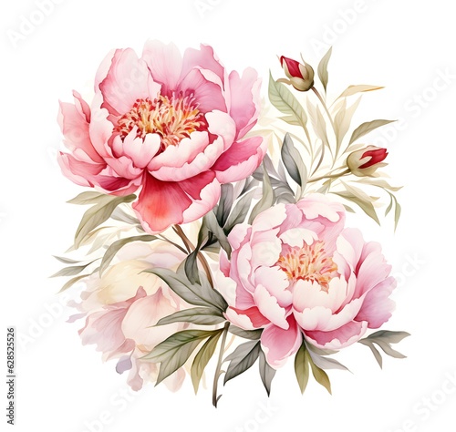 Elegant watercolor peonies flowers isolated on white background. Floral illustration created with Generative AI technology