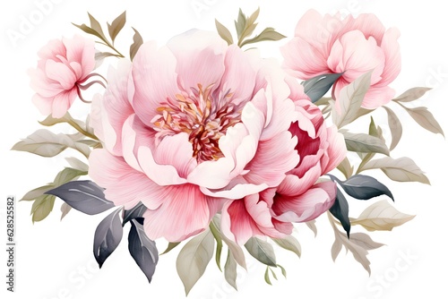 Elegant watercolor peonies flowers isolated on white background. Floral illustration created with Generative AI technology