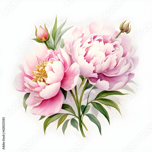 Elegant watercolor peonies flowers isolated on white background. Floral illustration created with Generative AI technology