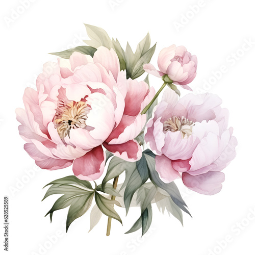 Elegant watercolor peonies flowers isolated on white background. Floral illustration created with Generative AI technology