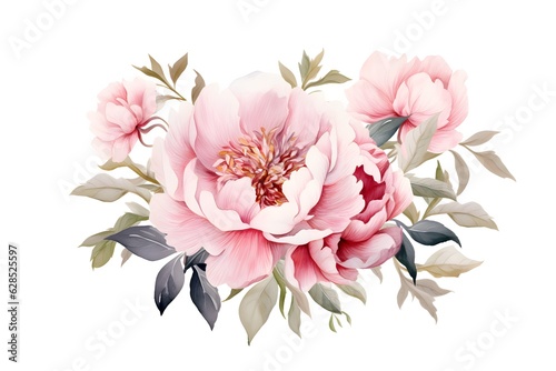 Elegant watercolor peonies flowers isolated on white background. Floral illustration created with Generative AI technology