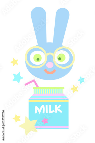 Blue rabbit in glasses with milkshake box sticker. Back to school. Kid bunny drinking milk in pastel colors