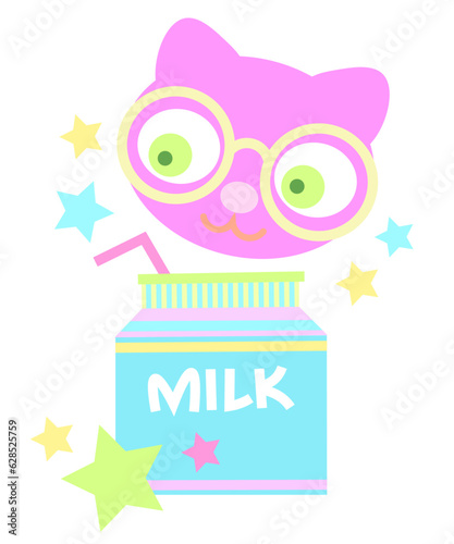 Purple cat in glasses with milkshake box sticker. Back to school. Kid kitty drinking milk in pastel colors 