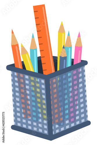 Coloured crayons and pencils in box for school or kindergarten activities Back to art school supplies.
