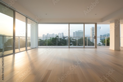 Interior with blank wall   Modern mid century and minimalist interior of living room  empty room   white wall and wood floor  3d render  Generative AI