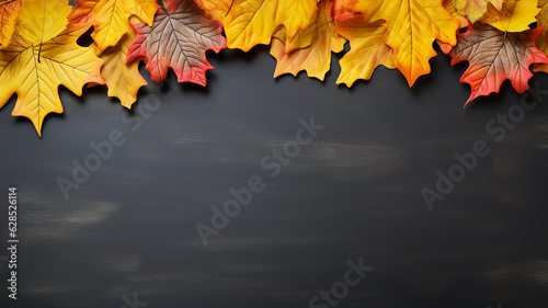 background frame school chalkboard black framed with yellow autumn leaves.