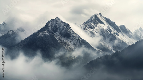 panorama landscape of mountains snowy peaks of rocks in fog and clouds. © kichigin19