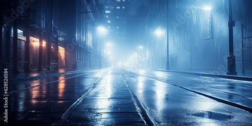 Festive Rainy City Street with Glowing Lights and Reflections, Generative AI