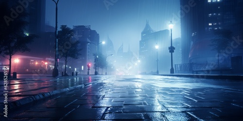 Festive Rainy City Street with Glowing Lights and Reflections  Generative AI