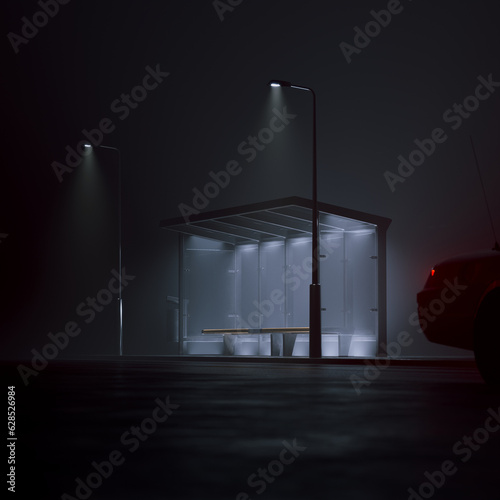 Photos Abandoned Bus Stop at Night in Fog with Lights and a Lone Car Driving Away