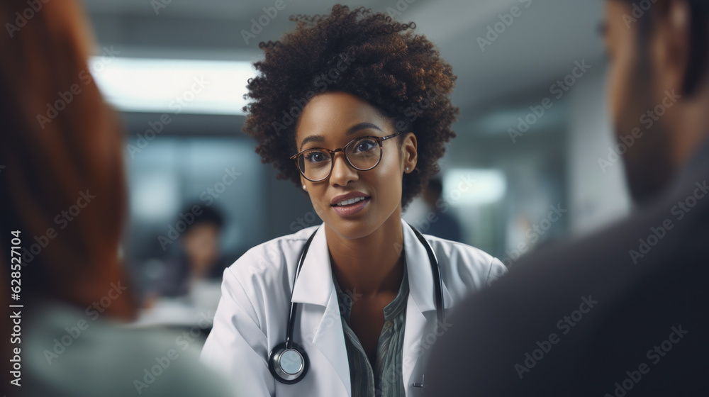African American doctor informing her patients about their diagnosis in the hospital. African American doctor informing her patients about their diagnosis in the hospital.