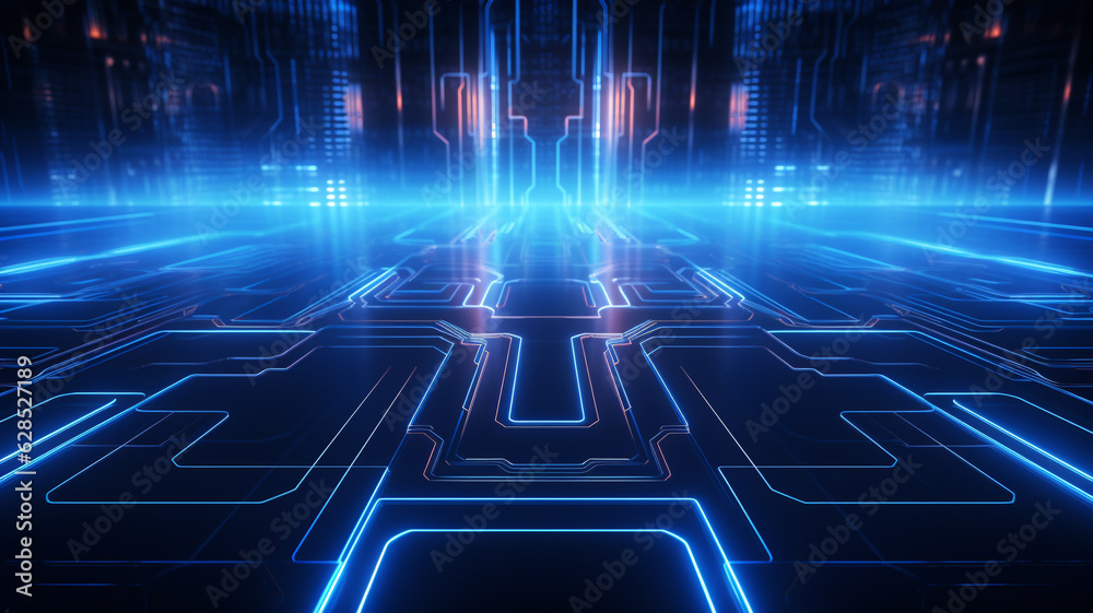 Abstract technology background neon circuit blue neon. Technology concept. Generative AI. Abstract technology background neon circuit blue neon. Technology concept. Generative AI.