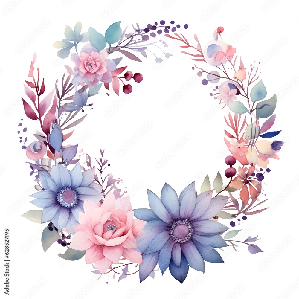 Watercolor floral wreath, in the style of soft and dreamy atmosphere, made of flowers, floral motifs, isolated on white background. Image created with Generative AI technology