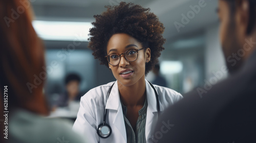 African American doctor informing her patients about their diagnosis in the hospital.