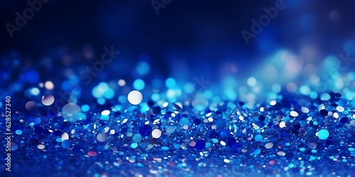 Sapphire glitter bokeh background. Unfocused shimmer royal blue sparkle. Crystal droplets wallpaper. Sequins  Generative AI
