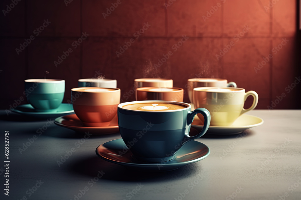 Coffee cups in different colors arranged on the bar table and with blur background Coffee cups in different colors arranged on the bar table and with blur background