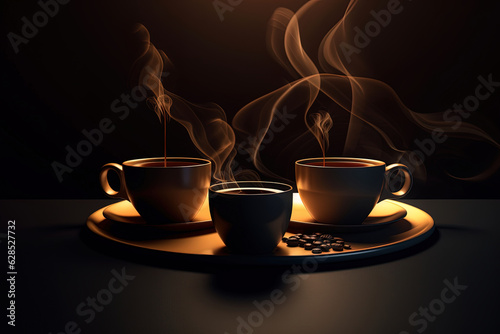 Group of cups of freshly ground coffee on the plate ready to serve with soft gradient light