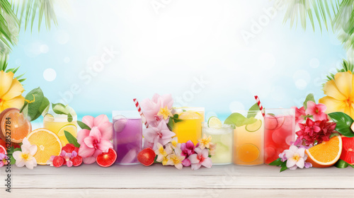 Paradise summer background with tropical drinks and flowers and the sea on the background. For banners, flyers, covers and other summer projects.