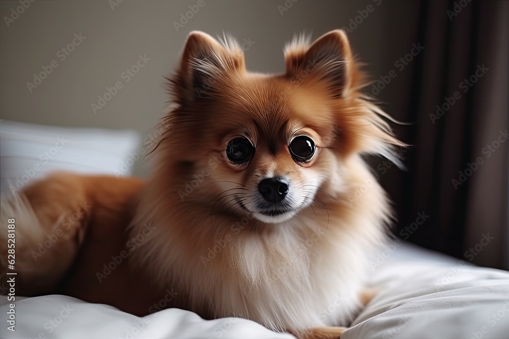Adorable Dog Relaxing on Bed in Cozy Bedroom with Copy Space. Pet and Home Interior Concept Adorable Dog Relaxing on Bed in Cozy Bedroom with Copy Space. Pet and Home Interior Concept