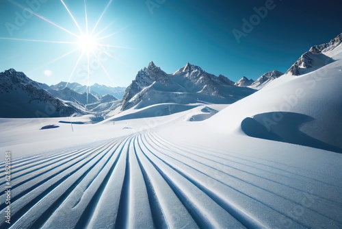 Ski slope with mountains on sunny day