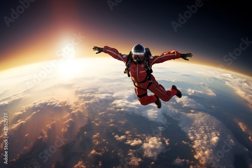 Skydiver in action from the space, Parachutist skydiving above the clouds from the space
