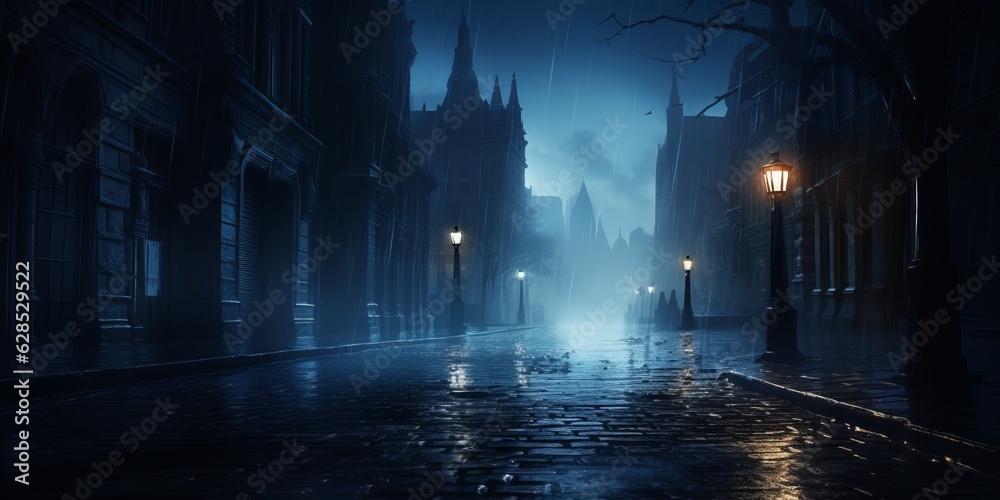 Rainy Night in the City Dark Street Scene with Glowing Umbrellas, Reflections, and Copy Space, Generative AI