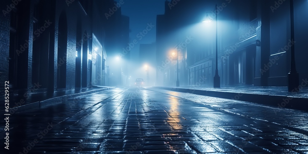 Rainy Night at the Dark Street with Glowing Streetlights and Reflections, Urban Cityscape, Copy Space, Generative AI