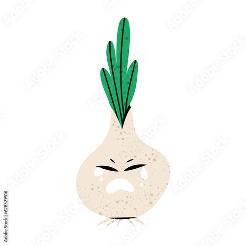 Cute green onion character. Cartoon character illustration icon. Crying bow sticker for kids Flat vector illustration isolated on white background.
