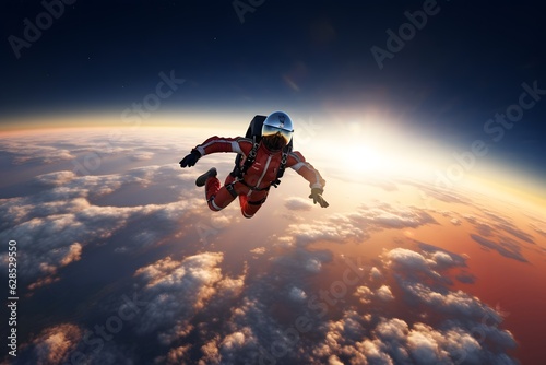 Skydiver in action from the space, Parachutist skydiving above the clouds from the space 
