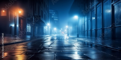 Rainy Night at the Dark Street with Glowing Streetlights and Reflections  Urban Cityscape  Copy Space  Generative AI