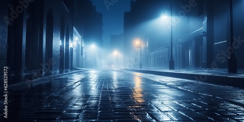 Rainy Night at the Dark Street with Glowing Streetlights and Reflections, Urban Cityscape, Copy Space, Generative AI