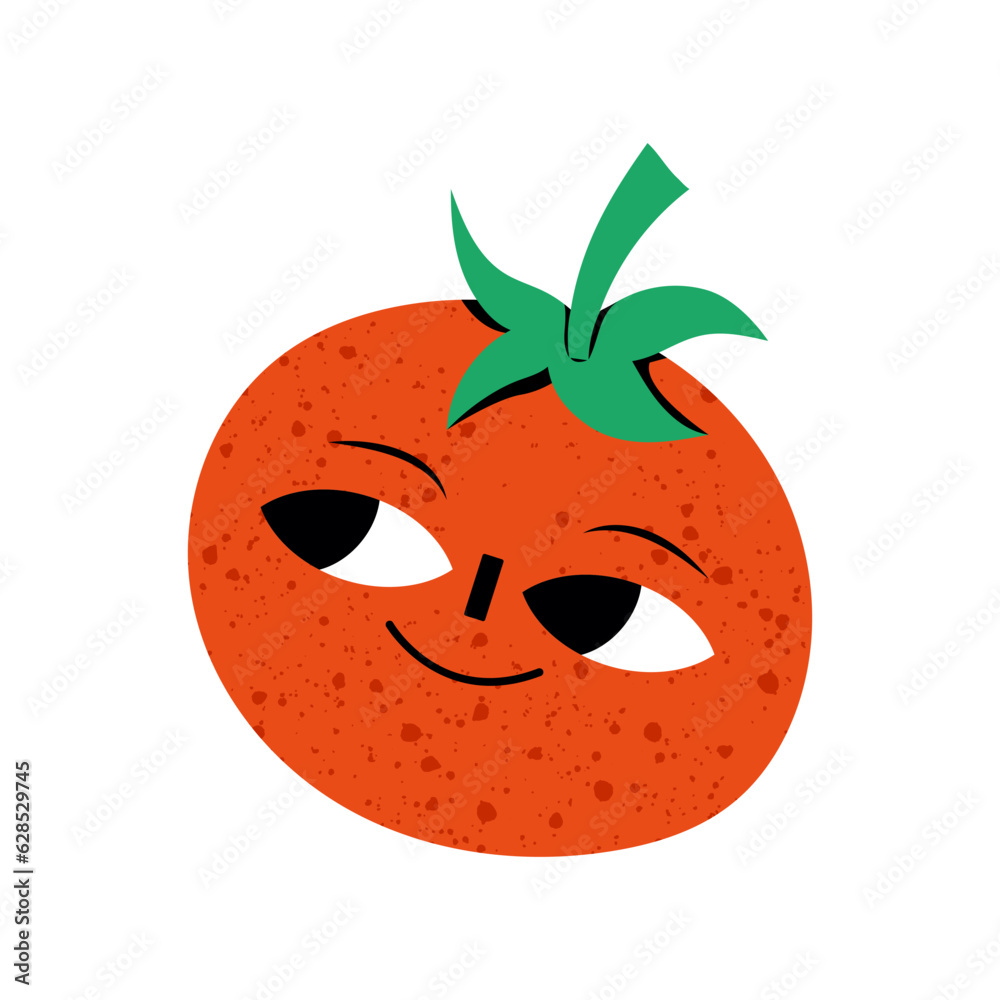 Fototapeta premium Cute vegetable tomato cartoon character isolated on white background vector illustration. Funny positive and friendly tomato emoticon face icon. Happy smile cartoon face, comical vegetable mascot