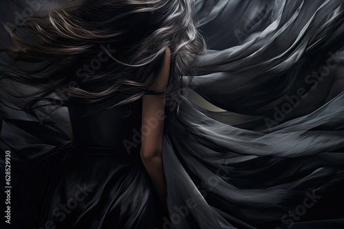 Woman in black silk dress evolved on wind. Black tones background.