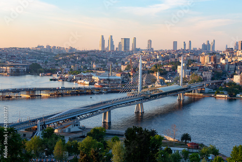 Panoramic view from above of Istanbul and bridges across the Golden Horn Bay. Turkey