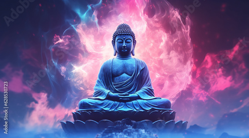 Statue of spiritual teacher buddha in calm rest pose with shining light on a dark background generative ai