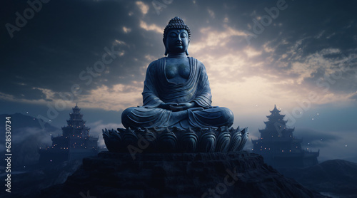 Statue of spiritual teacher buddha in calm rest pose with shining light on a dark background generative ai