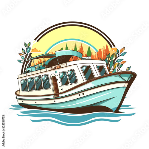 Typical touring boat. Leisure and holidays on the water. Cartoon vector illustration.