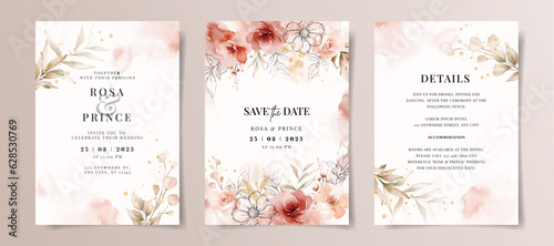 Set of watercolor wedding invitation card template with red and peach floral and leaves decoration 