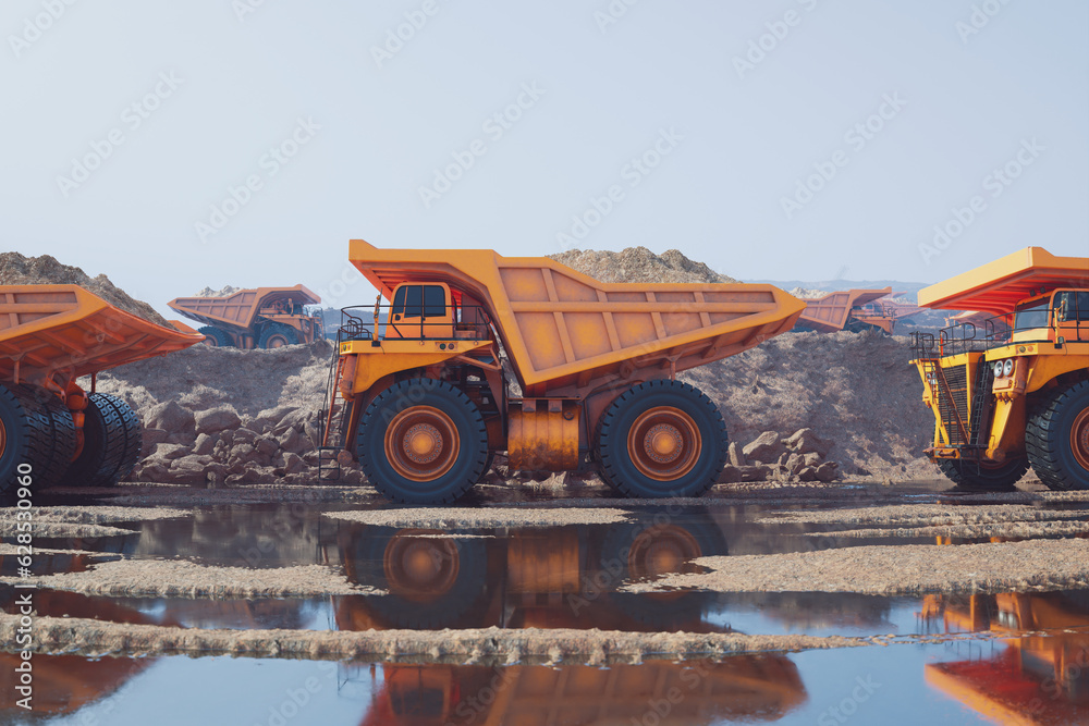Giant fleet of yellow dump trucks carrying a heavy load on a wet gravel road