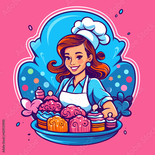 Smiling pastry chef showing desserts on plate. Cartoon vector illustration.