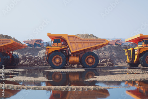 Obraz na płótnie Giant fleet of yellow dump trucks carrying a heavy load on a wet gravel road w salonie