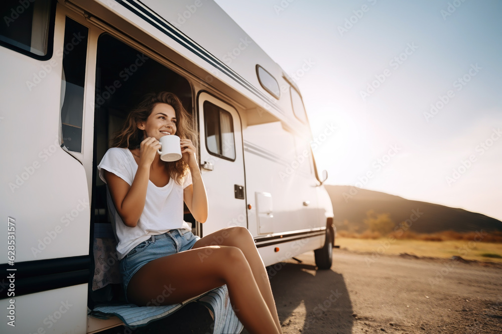 A beautiful young woman sits on the doorstep of a motorhome and drinks coffee. - obrazy, fototapety, plakaty 