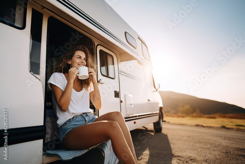 A beautiful young woman sits on the doorstep of a motorhome and drinks coffee.