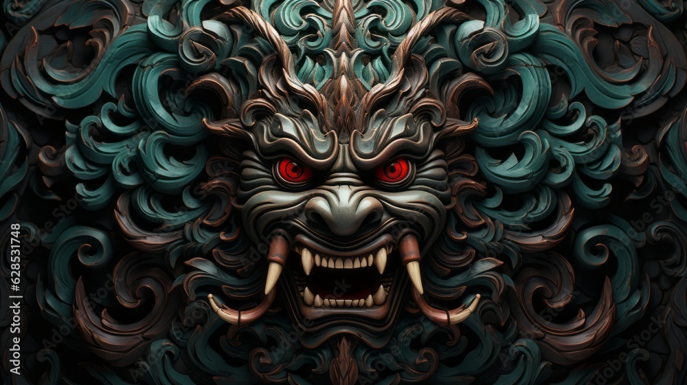 Carved in Culture Thai Pattern Wood Wall Featuring Mythical Kirin and Dragon Figures Carved in Culture Thai Pattern Wood Wall Featuring Mythical Kirin and Dragon Figures