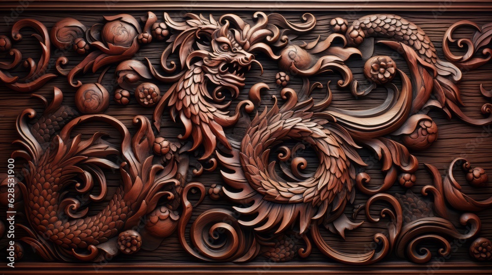 Carved in Culture Thai Pattern Wood Wall Featuring Mythical Kirin and Dragon Figures