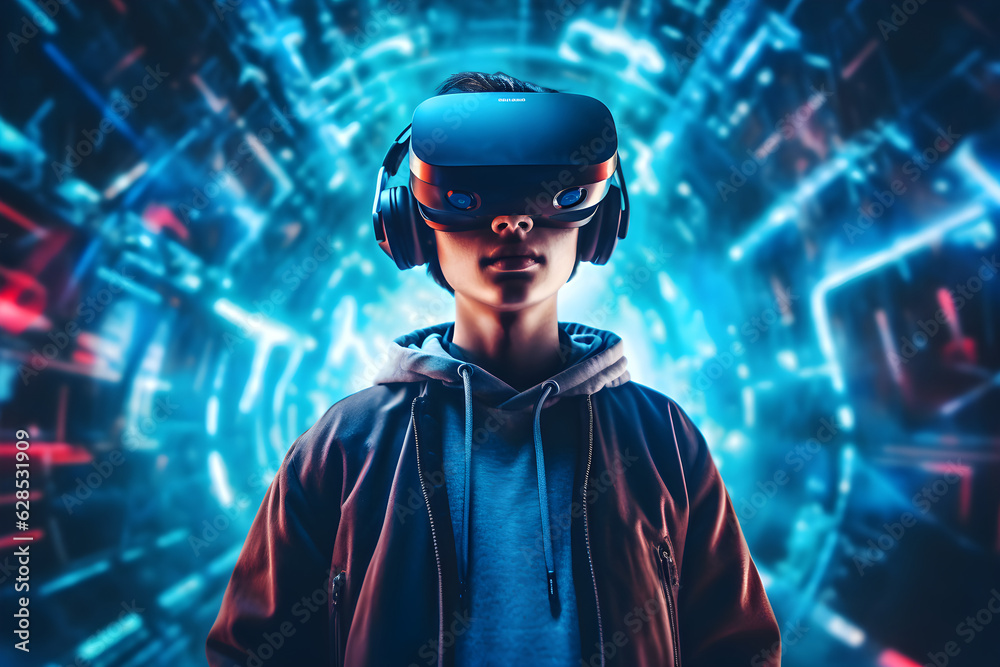 Young Man with VR headset exploring the metaverse created with Generative AI technology Young Man with VR headset exploring the metaverse created with Generative AI technology