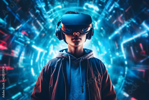 Young Man with VR headset exploring the metaverse created with Generative AI technology © Oksana